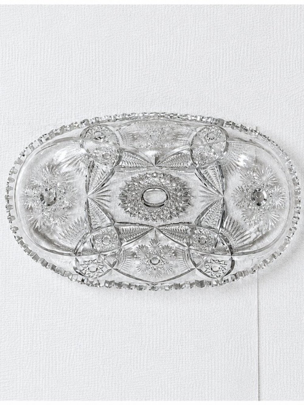 Vintage Pressed Oval Relish Dish Starburst Pattern 10.5”